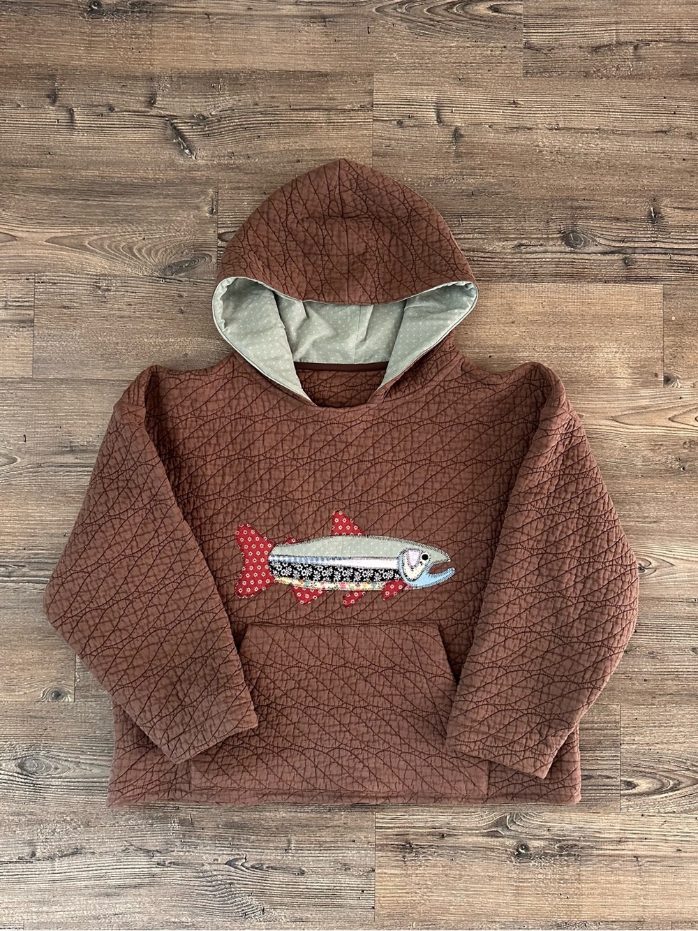 Upcycled Patchwork Trout Quilted Hoodie
